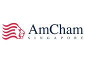 AmCham Singapore logo with red lion emblem and blue text on a white background