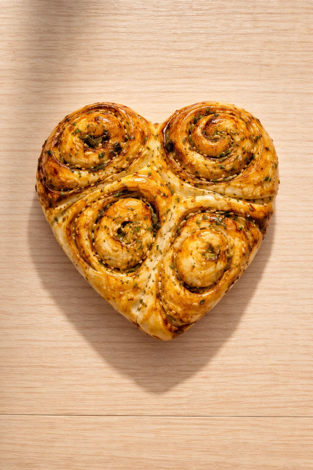 Heart-shaped miso roll with swirls on a wooden surface