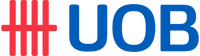 Logo of UOB with red diagonal lines and blue letters