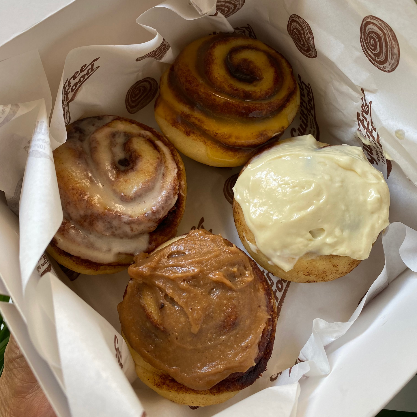 A photo of zero-sugar cinnamon rolls with a lemon glaze on top, served on a white plate with a green plant background.