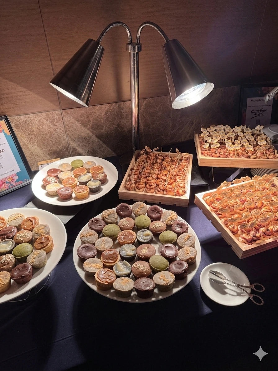 Guilt Free Food display with various mochi muffins, cinnamon rolls under a lamp on a wooden table for a corporate event