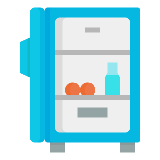 Illustration of an open refrigerator with food items on a white background